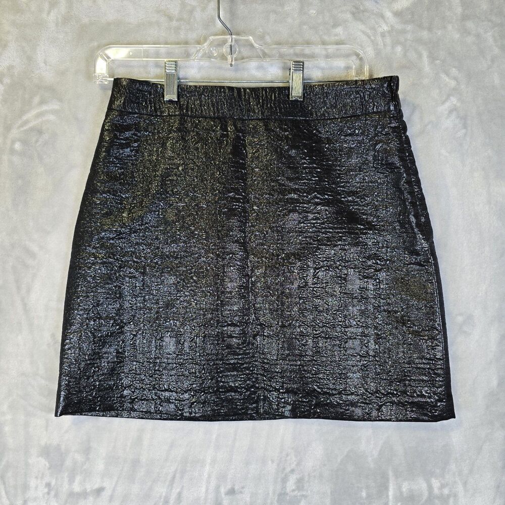 Milly Faux Leather Mini Skirt 6 Black USA Made Wool Blend Textured Zip Lined